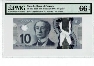 Canada P Bc 70c 2013 10 Dollars Prefix Ftp Pmg 66 Epq Gem Unc