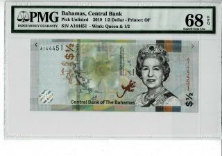 Bahamas Central Bank 2019 1/2 Dollar Prefix A Pmg 68 Epq Gem Unc