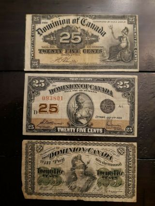 3 - 25 Cent Dominion Of Canada Set 1870 - 1900 - 1923 - Shin - Plaster Fractionals F/vf