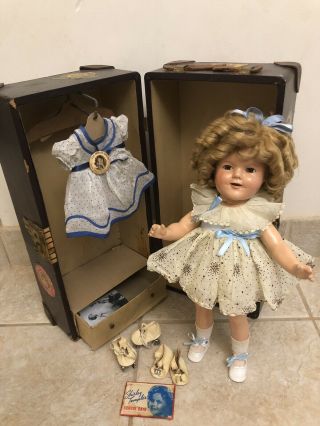 1930s Composition 16” Shirley Temple Doll And Trunk And Dresses