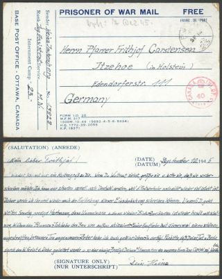 Canada Wwii 1945 - Pow Postcard To Germany - Censor 10005/14