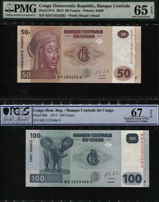 Tt Pk 98b 2013 Congo Dem.  Rep.  50 & 100 Francs Pcgs 67q & Pmg 65q Set Of Two