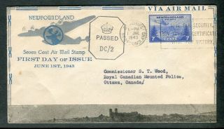 Newfoundland 7c Air Mail Fdc To Rcmp Commissioner Ottawa Crown Censor 