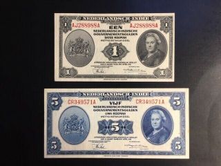 Netherlands Indies 1943 1 & 5 Gulden Crisp Unc