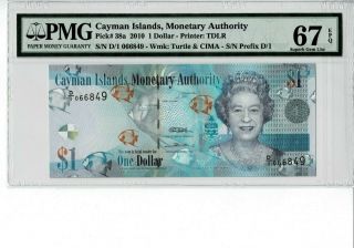 Cayman Islands P 38a 2010 1 Dollar Prefix D/1 Pmg 67 Epq Gem Unc