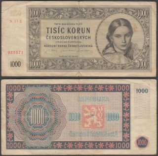 Czechoslovakia 1000 Korun 1945 (f - Vf) Banknote Km 74a Not Specimen