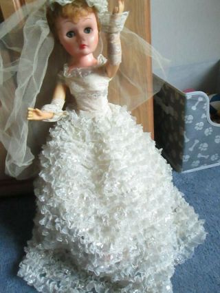 Vintage 1950s 24 Inch High Heeled Hard Plastic Bride Doll Ruffled Dress