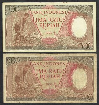 Indonesia 2x 500 Rupiah 1958 Replacement Coconut Men House P60 / Mwr Rm3