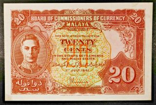 Board Of Commissioners Of Currency Malaya Twenty Cents Bank Note 1941