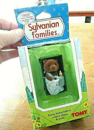 Vtg Sylvanian Families Tomy Brown Baby Bear In Cradle 2873 Burl Timbertop