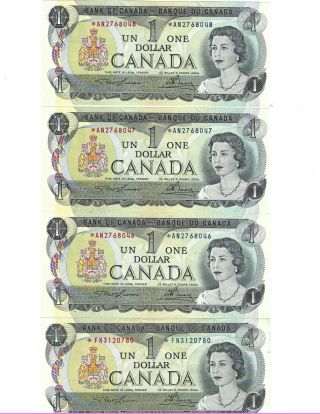 4x 1969 - 75 Canadian One Dollar Bills (uncirculated) $1 An / Fn (3 Consecutive)