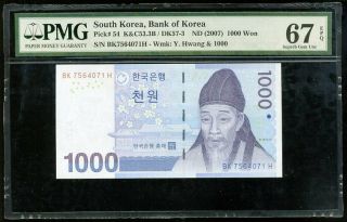 South Korea 1000 1,  000 Won Nd 2007 P 54 Gem Unc Pmg 67 Epq