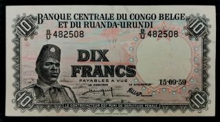 Belgian Congo Ruanda - Urundi Central 1959 Bank 10 Francs Note.