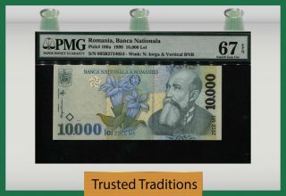 Tt Pk 108a 1999 Romania Banca Nationala 10000 Lei " N.  Iorga " Pmg 67 Epq