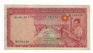 Belgium Congo 50 Francs 1959 F,  /vf.  Jo - 8381