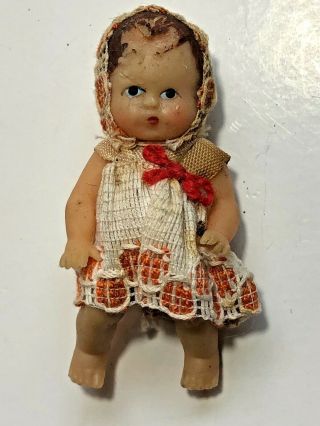 Antique Vintage Miniature Dollhouse Baby Girl Dressed Doll - String Hinged Limbs