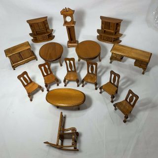 Vintage Miniature Dollhouse Wood Furniture Set Cabinets Tables Chairs Rocker Clk