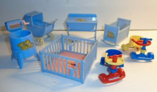 Vintage Renwal Nursery: Plastic Dollhouse Furniture W/2 Baby Kiddie Cars,  7 Qty.