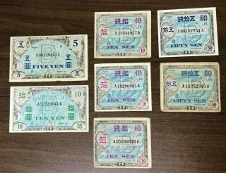 Wwii Japanese Allied Military Currency Note 5 10 Yen 50 Sen B Japan Amc Banknote
