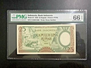 1958 Indonesia Bank Indonesia 25 Rupiah Pick 57 Pmg 66 Epq