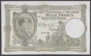Belgium,  1,  000 Francs - 200 Belgas,  1938,  Vf,  (1/8 Inch Edge Tear),  P - 104