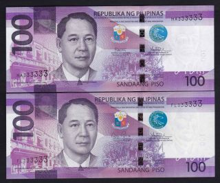 Philippines 100 Peso Ngc Solid Serial 333333 (2016j,  2017f) 2 Notes Uncirculated