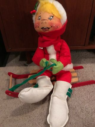 Vintage 1980 Annalee Doll 18 " Christmas Holiday Boy On A Sled
