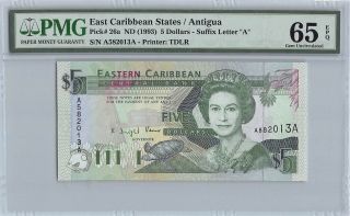 East Caribbean States / Antigua Nd (1993) P - 26a Pmg Gem Unc 65 Epq 5 Dollars