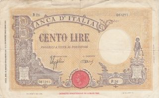 100 Lire Vg Banknote From Italy 1943 Pick - 59