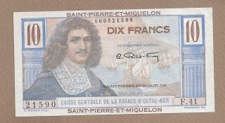 Saint Pierre & Miquelon: 10 Francs Banknote,  (xf/au),  P - 23,  1950,