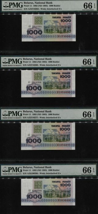 Tt Pk 11 1992 Belarus National Bank 1000 Rublei Pmg 66 Epq Gem Unc Set Of Four