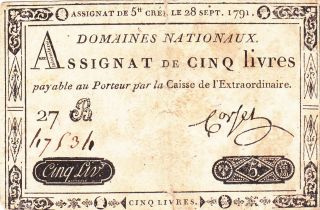5 Livres Vg Banknote From French Revolution 1791 Pick - A42