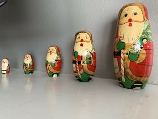 Vintage Russian Santa Claus Christmas Nesting Dolls Wooden Set Of 5
