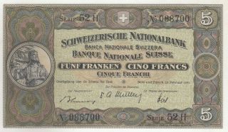 Switzerland 5 Franken 1951 Issue Banknote P11o In Unc