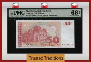 Tt Pk 11a 1993 Macedonia National Bank 50 Denari Pmg 66 Epq Gem Scarcely Graded