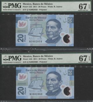 Tt Pk 122i 2011 Mexico 20 Pesos " Benito Juarez " Pmg 67 Epq Set Of Two
