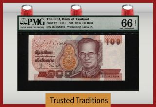 Tt Pk 97 Nd (1994) Thailand 100 Baht " King Rama Ix " Pmg 66 Epq Gem Uncirculated