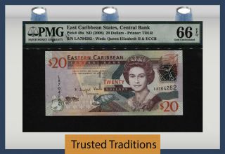 Tt Pk 49a 2008 East Caribbean States 20 Dollars " Queen Elizabeth Ii " Pmg 66 Epq