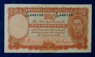 1939 Australia 10 Shillings Currency Banknote