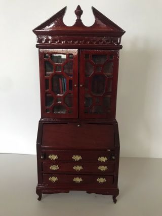 Vintage Mahogany Dollhouse Miniature Secretary Desk With Top Cabinet 1:12