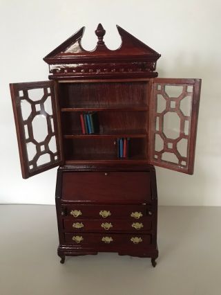 Vintage Mahogany Dollhouse Miniature Secretary Desk With Top Cabinet 1:12 2