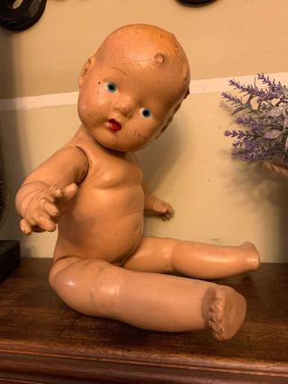 Antique / Vintage All Composition Baby Doll Jointed 17” Talk Blue Eye Curly