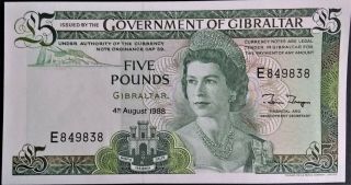 Gibraltar 5 Pounds Unc Queen Elizabeth Qeii 1988 P 21 British The Rock Britain