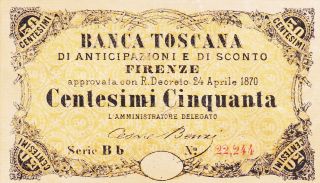 50 Centesimi Aunc Banknote From Italy/banca Toscana 1870 Pick -