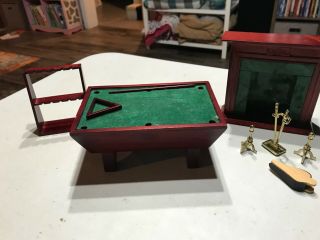 Dollhouse Miniature Pool Table With Accessories Mahogany Toned Fireplace