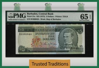 Tt Pk 31a Nd (1973) Bahamas Central Bank 5 Dollars Pmg 65 Epq Gem Unc None Finer