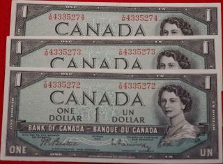3 - Uncirculated 1954 Canada Consecutive Serial Numbers $1 Notes