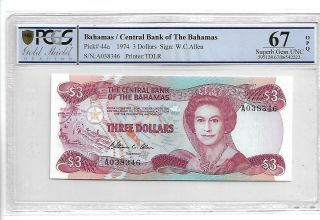 Bahamas/central Bank Pick 44a 1974 3 Dollar Pcgs 67 Opq