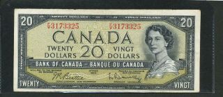 1954 $20 Bank Of Canada.  Fw3173325.  Beattie - Rasminsky Signatures Banknote.