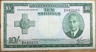 Malta 10 Shillings Kgvi 1951 P21 Vf